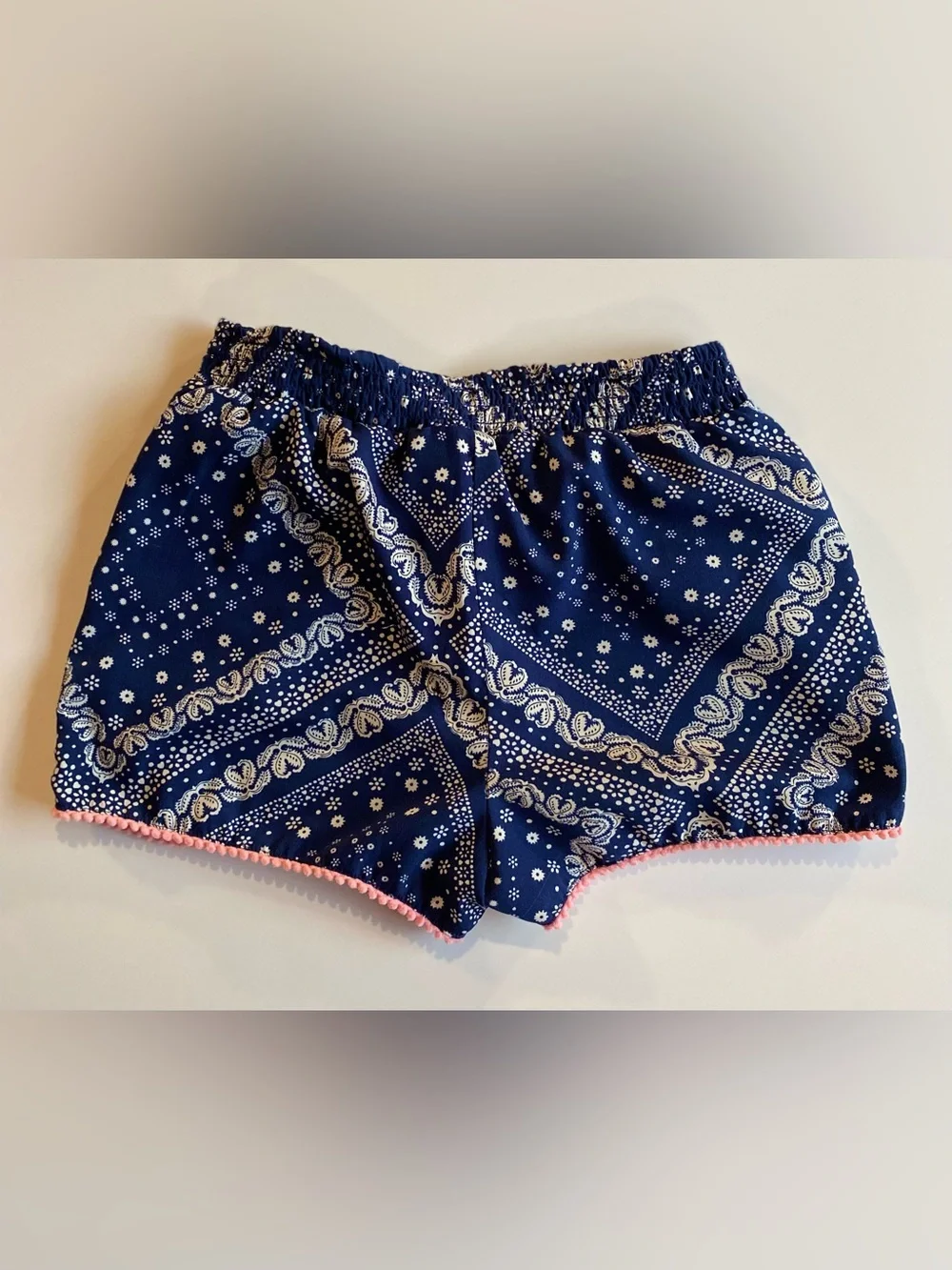 Girls' Navy Print Shorts with Pink Pom Trim